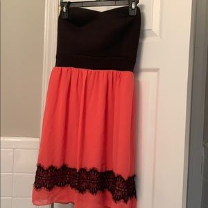 Black and coral strapless dress